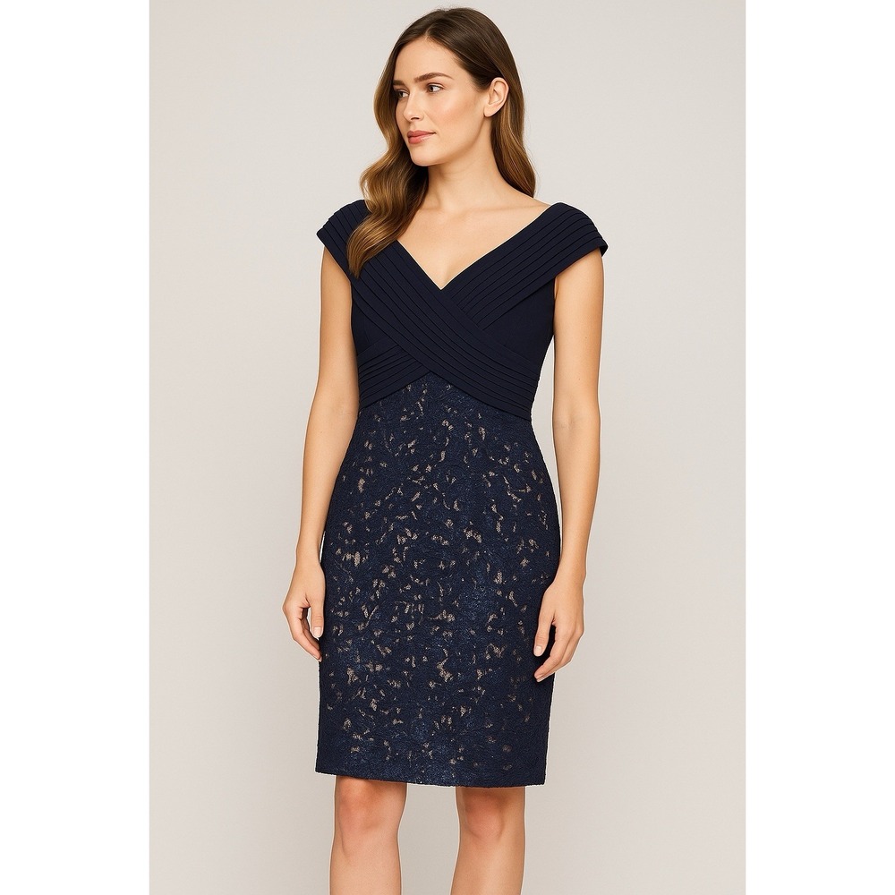 Alex Evenings Navy Lace‎ Cocktail Dress Size 10 Pleated Bodice Cap Sleeve NWT